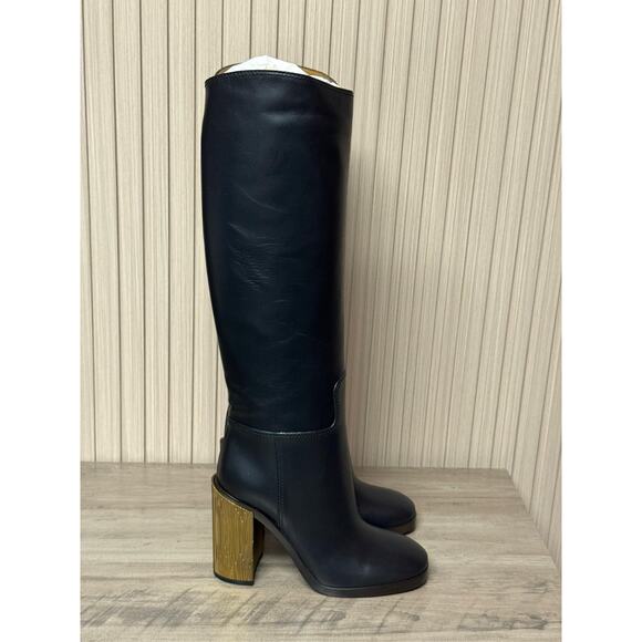 GUCCI Gold Heel Black Leather Knee Boots "Lifford" Size 37 IT / 7 US Authentic - Picture 3 of 16